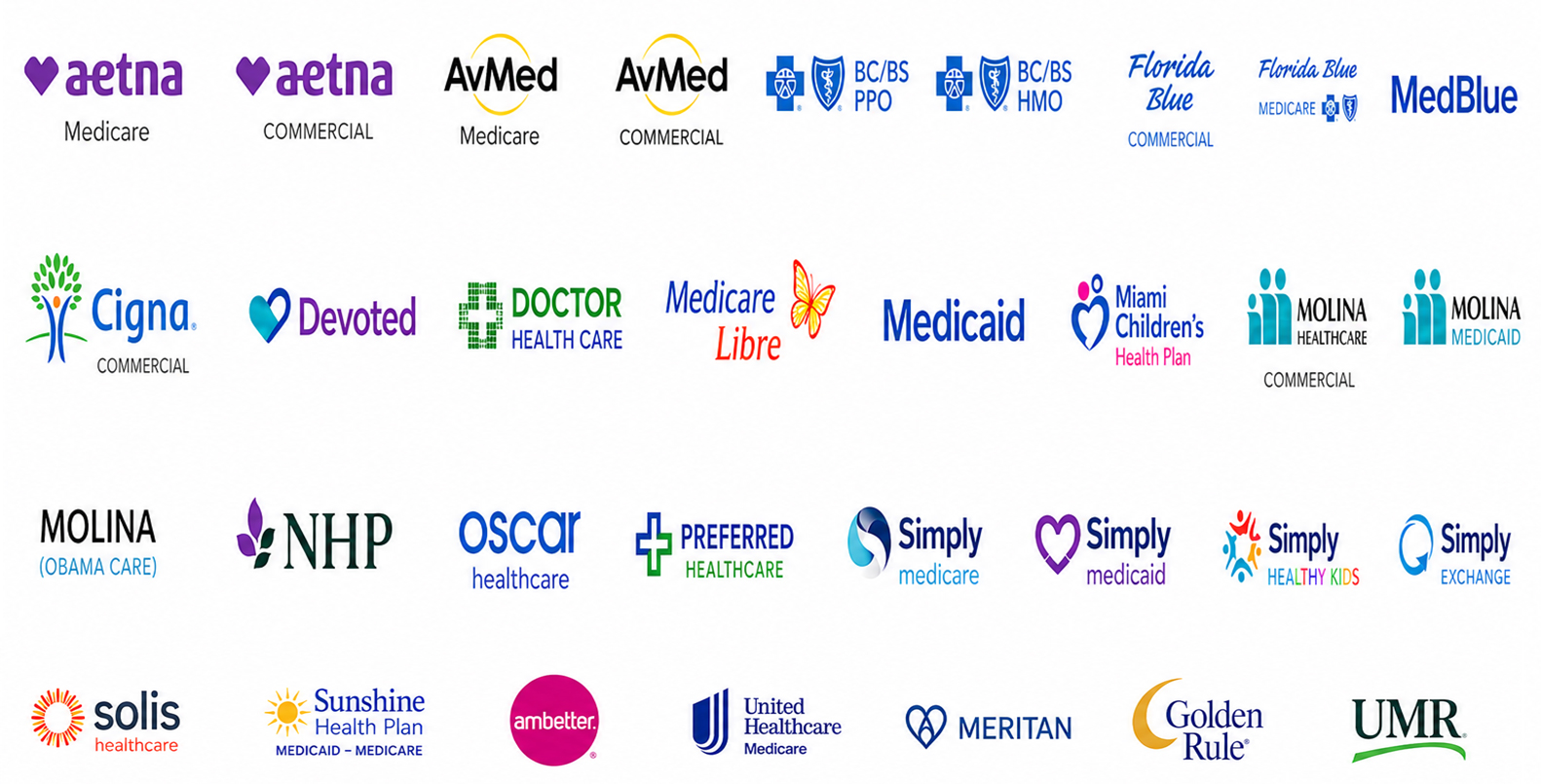 Insurance plans accepted including Aetna, AvMed, Blue Cross Blue Shield, Florida Blue, Cigna, Devoted, Doctor Health Care, Medicare, Medicaid, Molina, NHP, Oscar, Preferred Healthcare, Simply, Solis, Sunshine Health Plan, Ambetter, United Healthcare, Meritan, Golden Rule and UMR